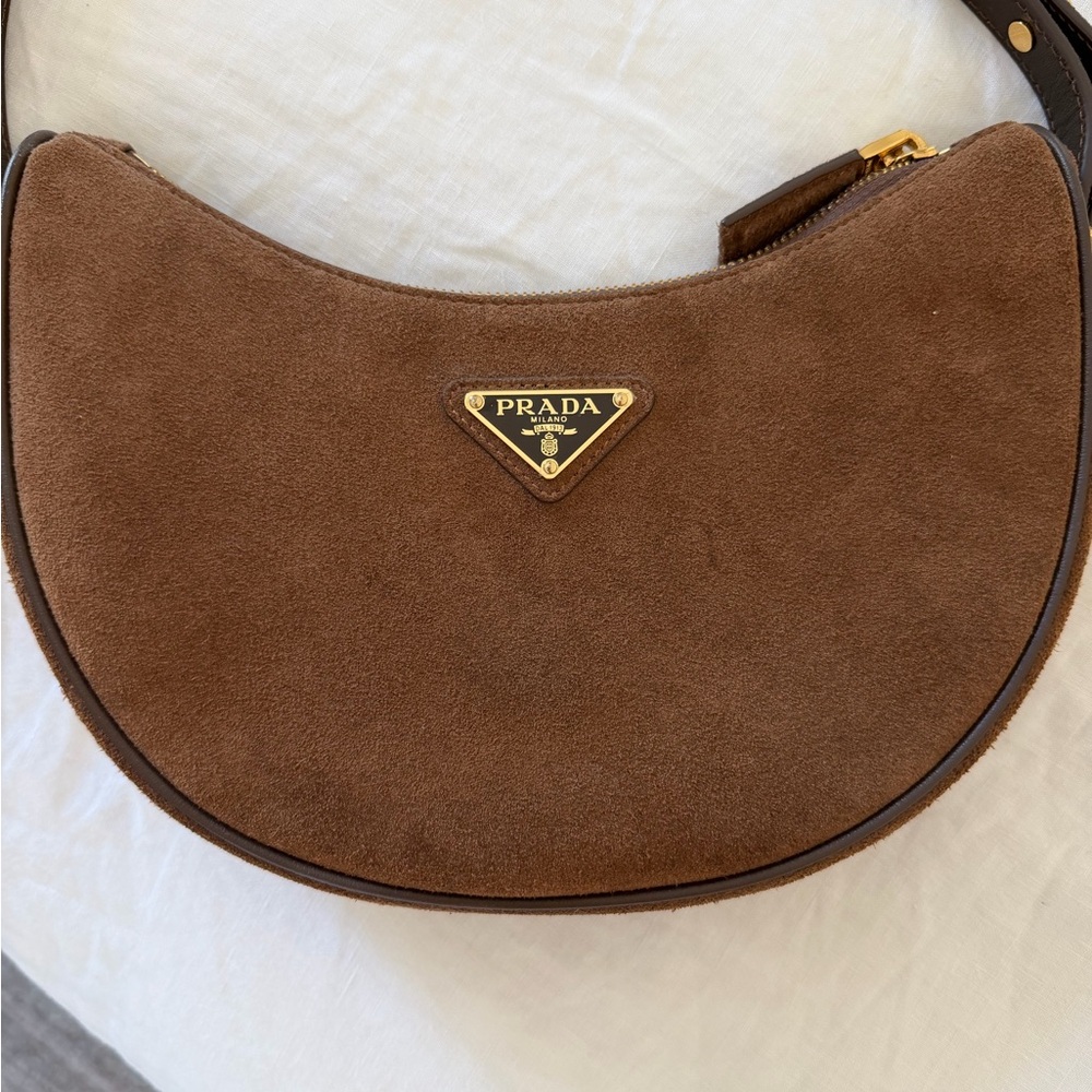Prada Brown Suede Crescent Crossbody Bag - Picture 2 of 6